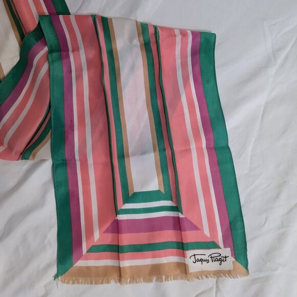 vintage green pink cream jacques piaget neck scarf 13" x 67" striped fringe - Picture 3 of 6